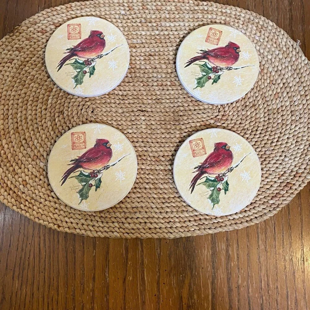 Set of 4 Susan Winget Cardinal Bird Holiday Coasters – Cork Back, Winter